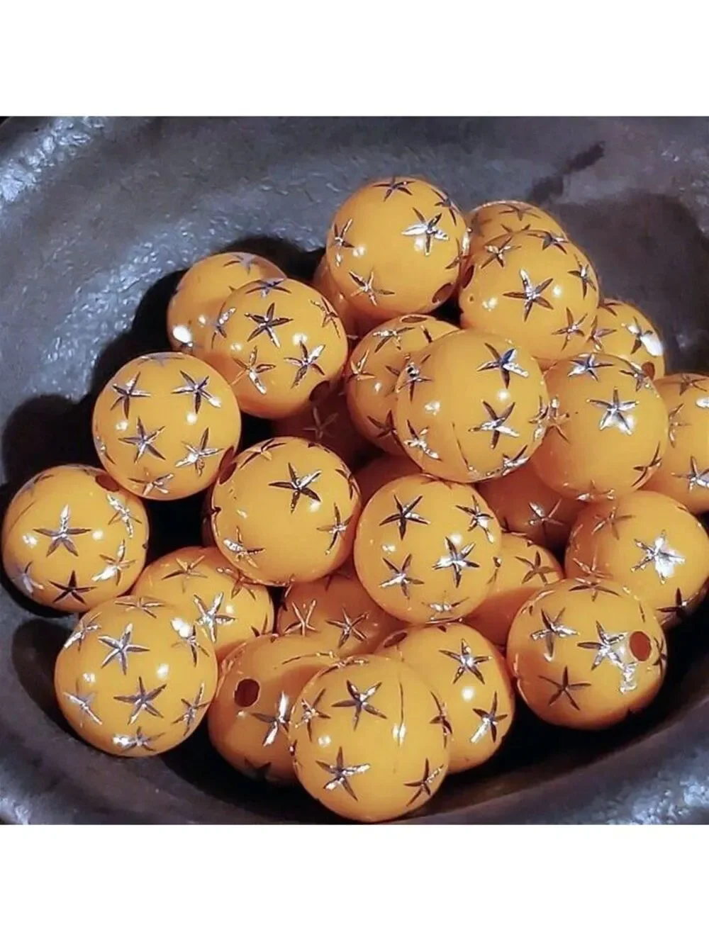 10 Vintage Retro Orange Silver Stars 12mm Round Acrylic Shabby Chic Beads